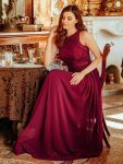 Sleeveless Lace Bodice Empire Waist Long A Line Bridesmaid Dress – Burgundy