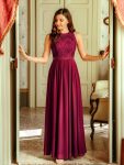 Sleeveless Lace Bodice Empire Waist Long A Line Bridesmaid Dress – Burgundy