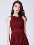 Sleeveless Lace Bodice Empire Waist Long A Line Bridesmaid Dress – Burgundy