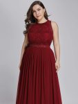 Sleeveless Lace Bodice Empire Waist Long A Line Bridesmaid Dress – Burgundy