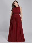 Sleeveless Lace Bodice Empire Waist Long A Line Bridesmaid Dress – Burgundy