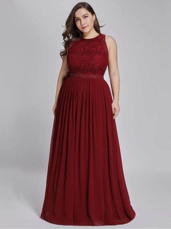 Sleeveless Lace Bodice Empire Waist Long A Line Bridesmaid Dress - Burgundy