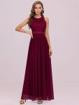 Sleeveless Lace Bodice Empire Waist Long A Line Bridesmaid Dress – Burgundy