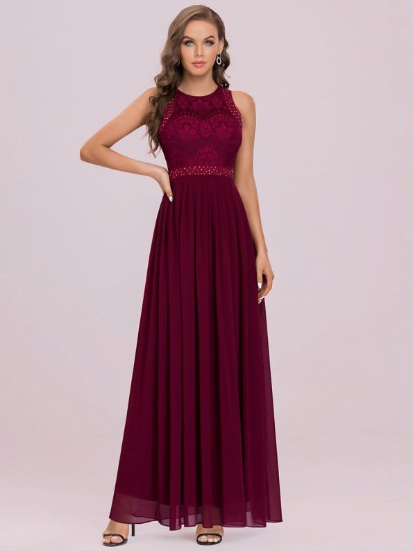 Sleeveless Lace Bodice Empire Waist Long A Line Bridesmaid Dress - Burgundy