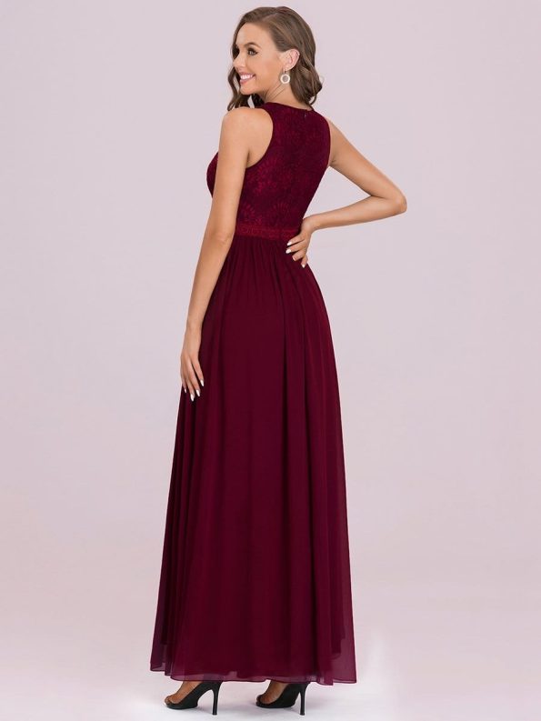 Sleeveless Lace Bodice Empire Waist Long A Line Bridesmaid Dress - Burgundy