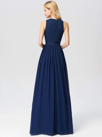 Sleeveless Lace Bodice Empire Waist Long A Line Bridesmaid Dress - Navy Blue