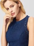 Sleeveless Lace Bodice Empire Waist Long A Line Bridesmaid Dress – Navy Blue