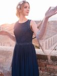 Sleeveless Lace Bodice Empire Waist Long A Line Bridesmaid Dress – Navy Blue