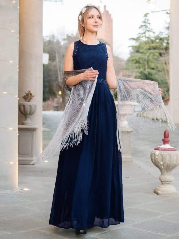 Sleeveless Lace Bodice Empire Waist Long A Line Bridesmaid Dress - Navy Blue