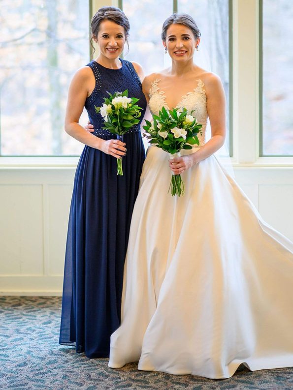 Sleeveless Lace Bodice Empire Waist Long A Line Bridesmaid Dress - Navy Blue