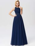 Sleeveless Lace Bodice Empire Waist Long A Line Bridesmaid Dress – Navy Blue