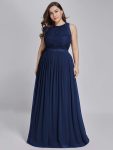 Sleeveless Lace Bodice Empire Waist Long A Line Bridesmaid Dress – Navy Blue