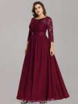 See-Through Floor Length Lace Evening Dress with Half Sleeve – Burgundy