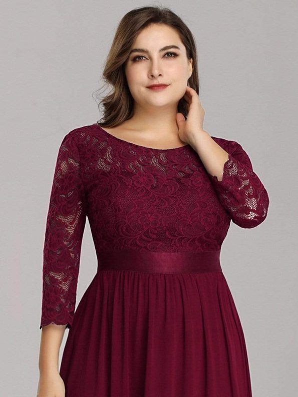 See-Through Floor Length Lace Evening Dress with Half Sleeve - Burgundy