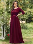 See-Through Floor Length Lace Evening Dress with Half Sleeve – Burgundy