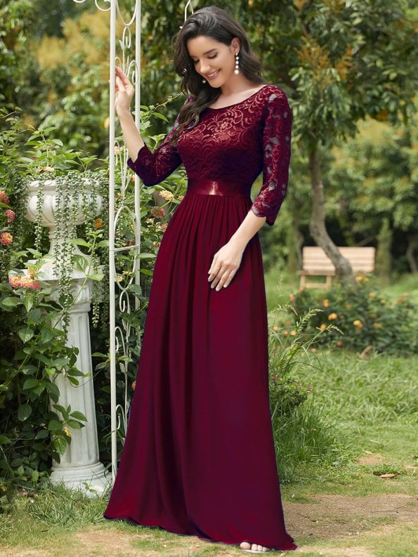 See-Through Floor Length Lace Evening Dress with Half Sleeve - Burgundy