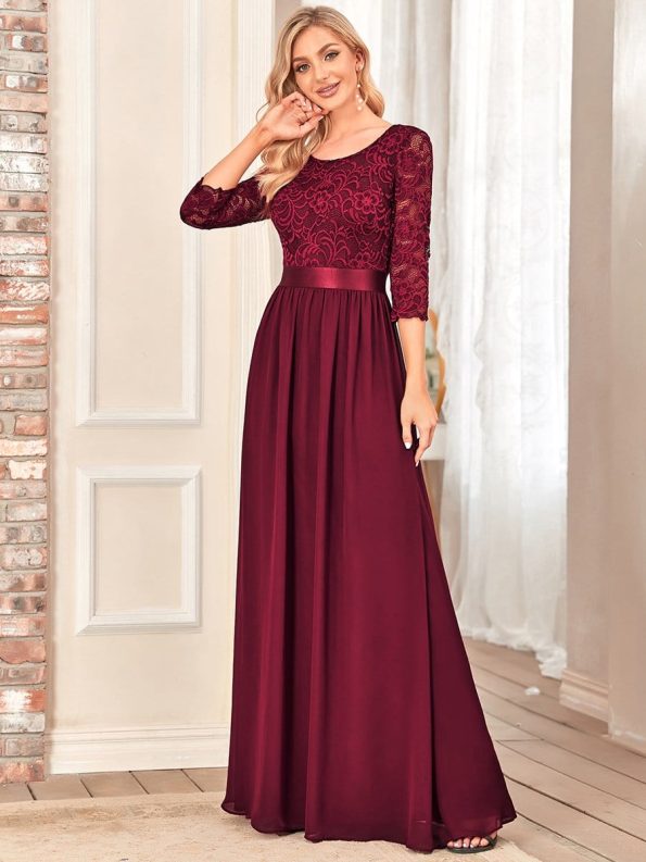 See-Through Floor Length Lace Evening Dress with Half Sleeve - Burgundy