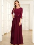 See-Through Floor Length Lace Evening Dress with Half Sleeve – Burgundy