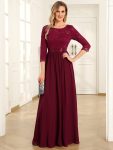 See-Through Floor Length Lace Evening Dress with Half Sleeve – Burgundy