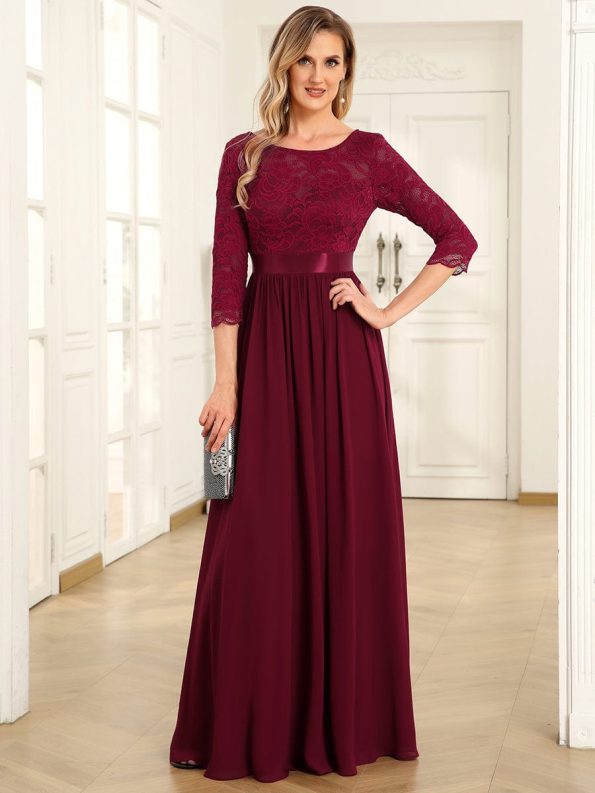 See-Through Floor Length Lace Evening Dress with Half Sleeve - Burgundy