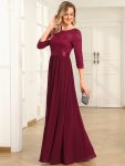 See-Through Floor Length Lace Evening Dress with Half Sleeve – Burgundy