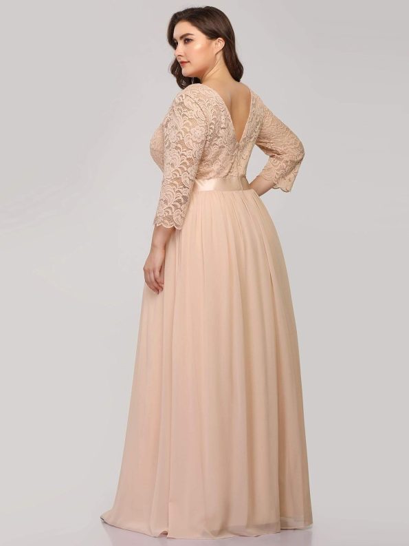 See-Through Floor Length Lace Evening Dress with Half Sleeve - Blush