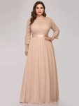 See-Through Floor Length Lace Evening Dress with Half Sleeve – Blush