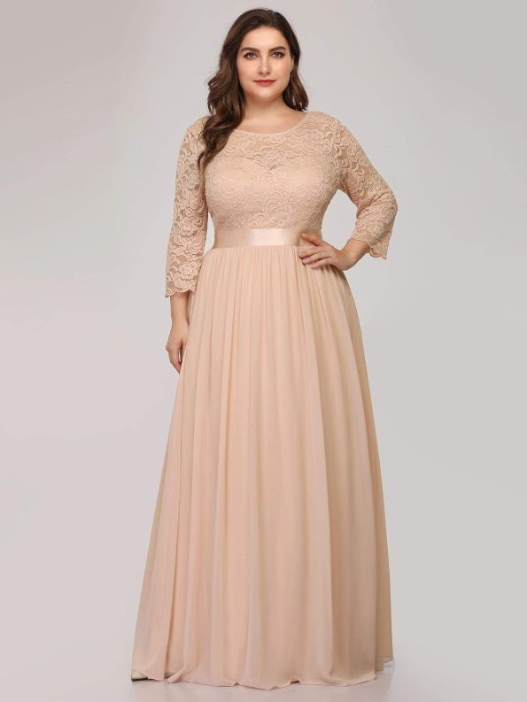 See-Through Floor Length Lace Evening Dress with Half Sleeve - Blush