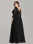 See-Through Floor Length Lace Evening Dress with Half Sleeve – Black