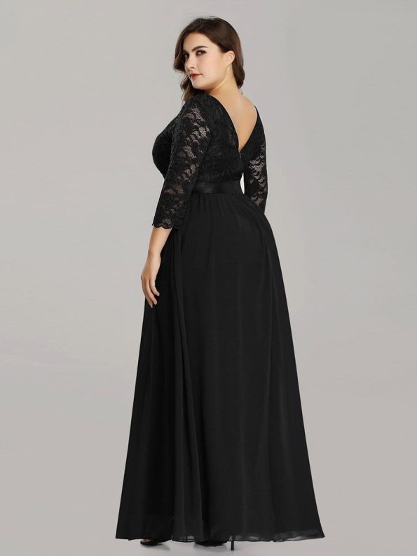 See-Through Floor Length Lace Evening Dress with Half Sleeve - Black