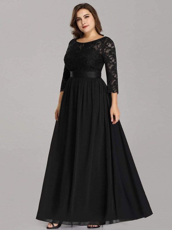 See-Through Floor Length Lace Evening Dress with Half Sleeve - Black