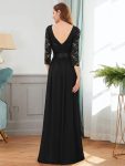 See-Through Floor Length Lace Evening Dress with Half Sleeve – Black