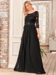 See-Through Floor Length Lace Evening Dress with Half Sleeve – Black