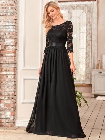 See-Through Floor Length Lace Evening Dress with Half Sleeve - Black