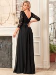 See-Through Floor Length Lace Evening Dress with Half Sleeve – Black