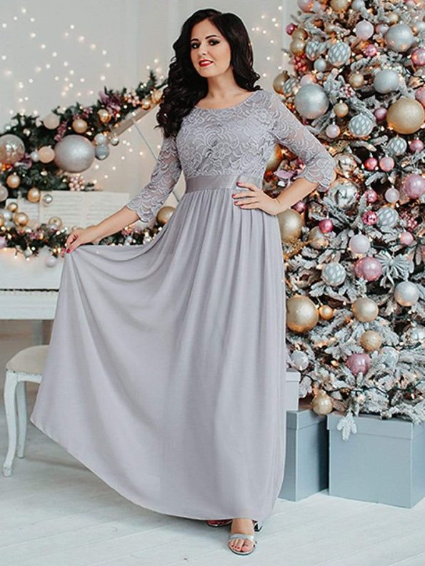 See-Through Floor Length Lace Evening Dress with Half Sleeve - Grey