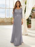 See-Through Floor Length Lace Evening Dress with Half Sleeve – Grey