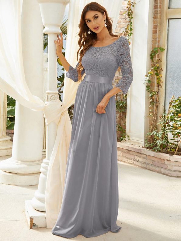 See-Through Floor Length Lace Evening Dress with Half Sleeve - Grey