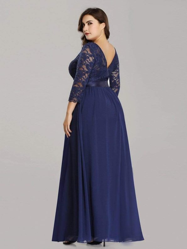 See-Through Floor Length Lace Evening Dress with Half Sleeve - Navy Blue