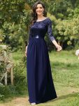 See-Through Floor Length Lace Evening Dress with Half Sleeve – Navy Blue