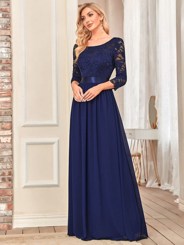 See-Through Floor Length Lace Evening Dress with Half Sleeve - Navy Blue