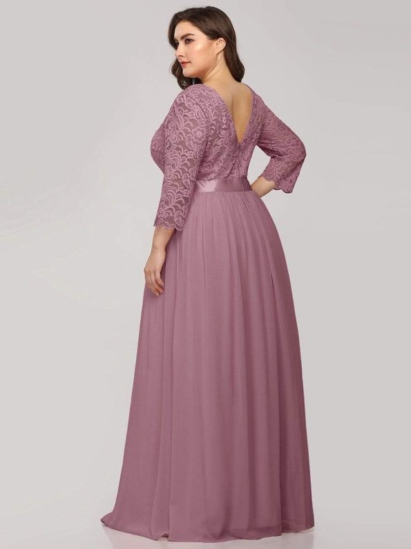 See-Through Floor Length Lace Evening Dress with Half Sleeve - Purple Orchid