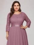 See-Through Floor Length Lace Evening Dress with Half Sleeve – Purple Orchid