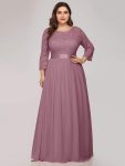 See-Through Floor Length Lace Evening Dress with Half Sleeve – Purple Orchid