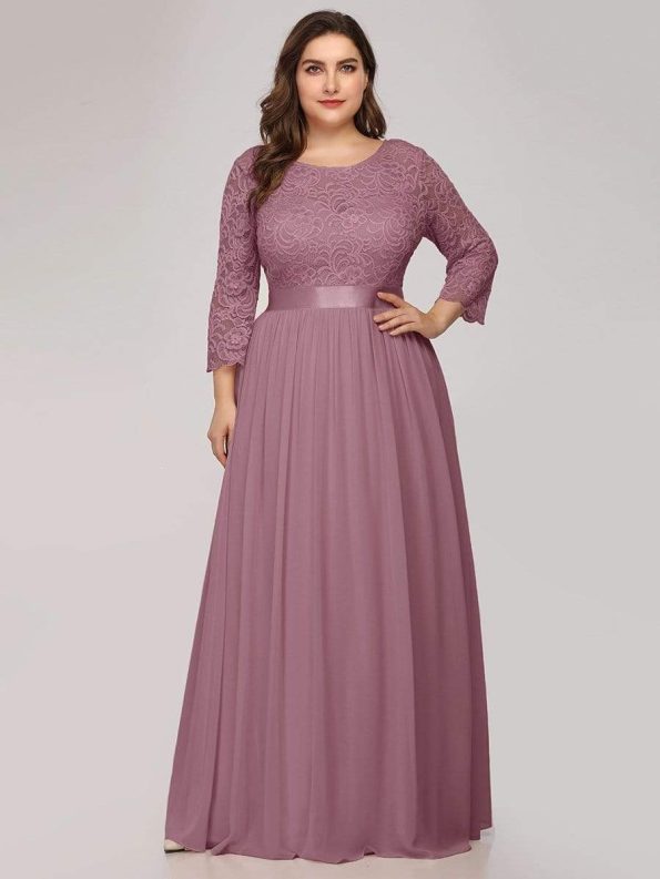 See-Through Floor Length Lace Evening Dress with Half Sleeve - Purple Orchid