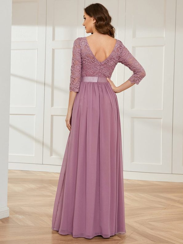 See-Through Floor Length Lace Evening Dress with Half Sleeve - Purple Orchid