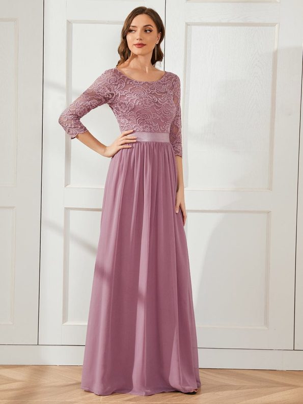 See-Through Floor Length Lace Evening Dress with Half Sleeve - Purple Orchid