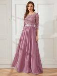 See-Through Floor Length Lace Evening Dress with Half Sleeve – Purple Orchid