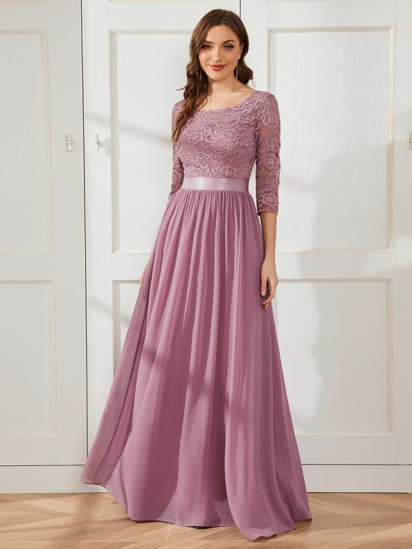 See-Through Floor Length Lace Evening Dress with Half Sleeve - Purple Orchid