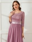 See-Through Floor Length Lace Evening Dress with Half Sleeve – Purple Orchid